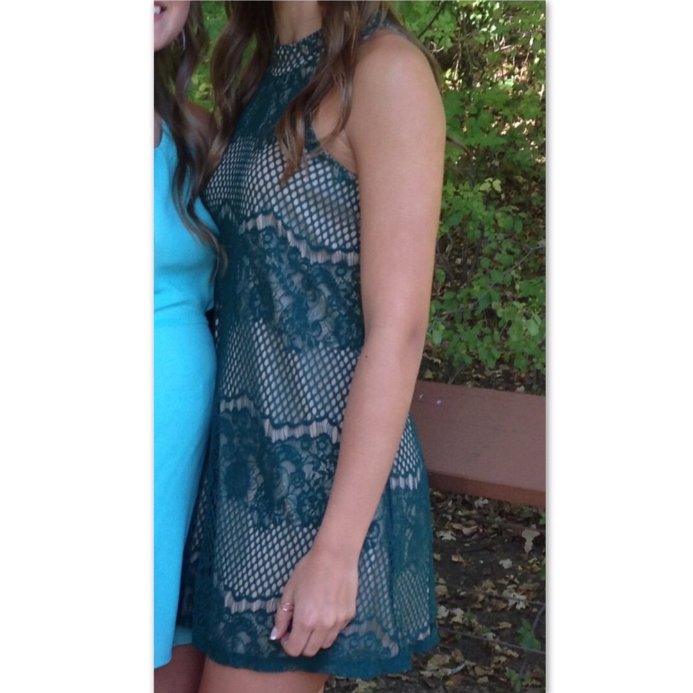 dark green lace shift dress with nude underlay